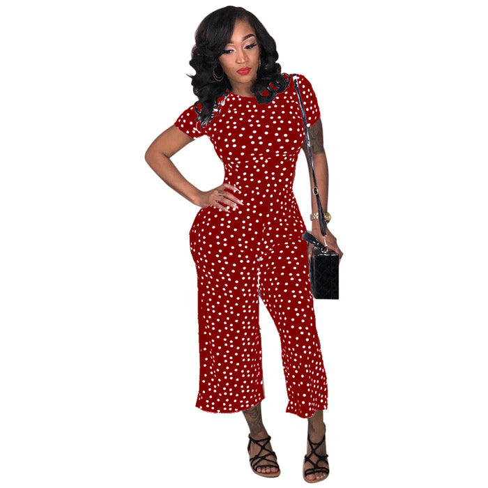 Classic Sexy Polka Dot Round Neck Wide Leg Cropped Pants-Red-Fancey Boutique