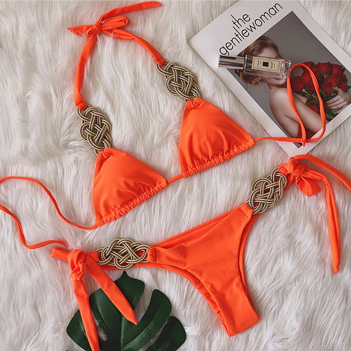 Color-Orange-Bikini Solid Color Split Swimsuit Sexy Hand-Woven Women Swimwear-Fancey Boutique