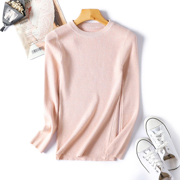 Color-Pink-Sweater Women Korean Long Sleeved round Neck Sweater Women Knitted Bright Line Sexy Slim Bottoming Shirt-Fancey Boutique
