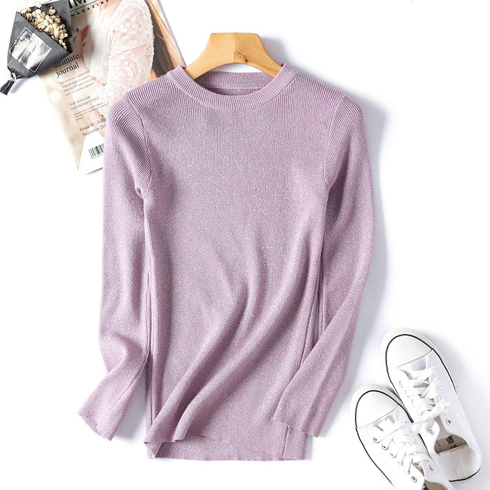 Color-Lavender-Sweater Women Korean Long Sleeved round Neck Sweater Women Knitted Bright Line Sexy Slim Bottoming Shirt-Fancey Boutique