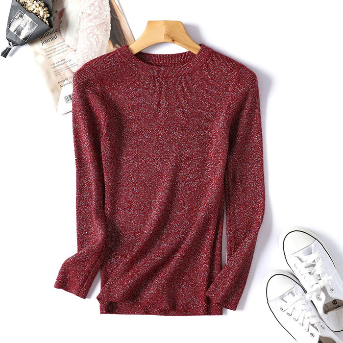 Color-Burgundy-Sweater Women Korean Long Sleeved round Neck Sweater Women Knitted Bright Line Sexy Slim Bottoming Shirt-Fancey Boutique