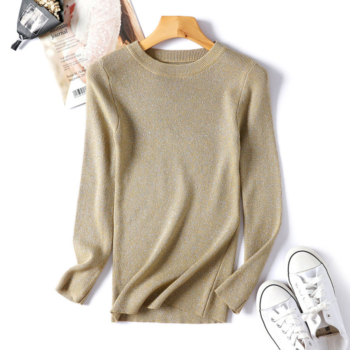Color-Khaki-Sweater Women Korean Long Sleeved round Neck Sweater Women Knitted Bright Line Sexy Slim Bottoming Shirt-Fancey Boutique