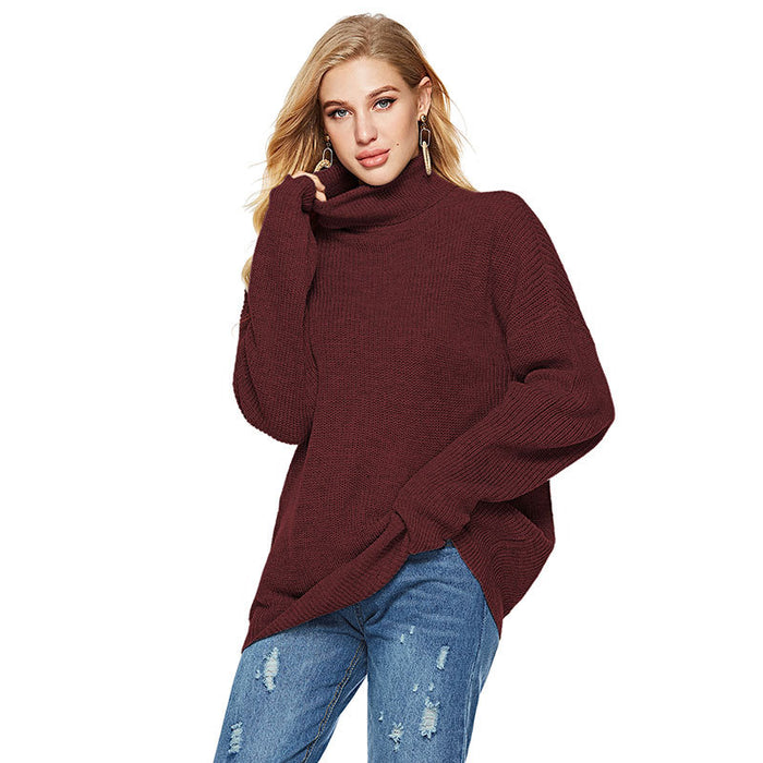 Color-Wine Red Pullover-Autumn Winter Casual Striped Turtleneck Knitted Pullover Sweater Women Loose Knitted Bottoming Shirt-Fancey Boutique