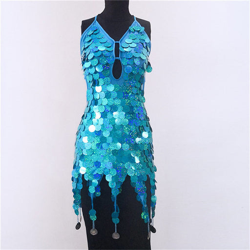 Color-Turquoise-Trendy Big Brand Beaded Dress Nightclub Performance Clothes-Fancey Boutique