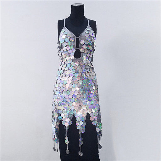 Color-Silver-Trendy Big Brand Beaded Dress Nightclub Performance Clothes-Fancey Boutique