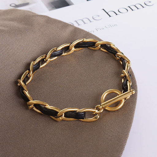 18K Gold-Plated Leather Chain Bracelet-Fancey Boutique