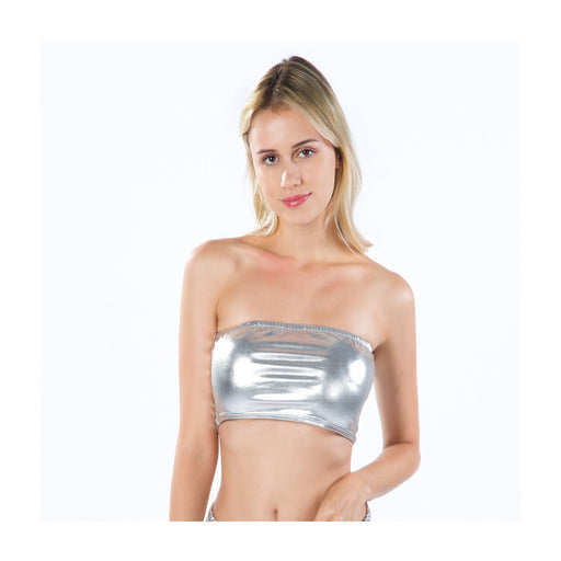 Color-Silver-Women Clothes Nightclub Stage Wear Chest-Wrapped Patent Leather Solid Color Tube-Top Bottoming Shirt Performance Wear-Fancey Boutique