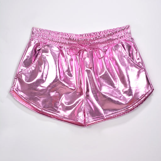 Color-Pink-Metallic Coated Fabric Solid Color All Matching Elastic Lace Shorts Leather Pants Patent Leather Pants Sexy Women Wear-Fancey Boutique