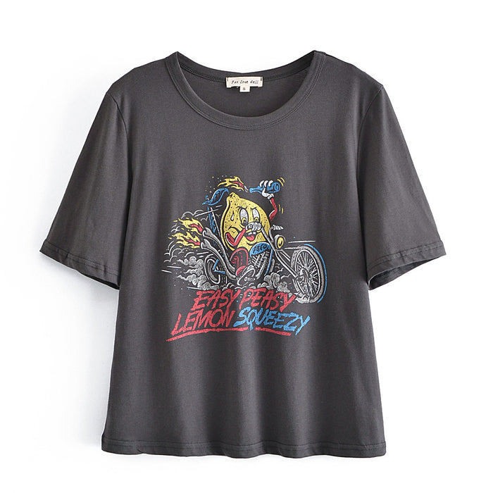 Summer New Casual Pullover Short Sleeve round Neck Loose-Fitting Women T shirt Cartoon Bird Riding Motorcycle Top Graphic-Fancey Boutique