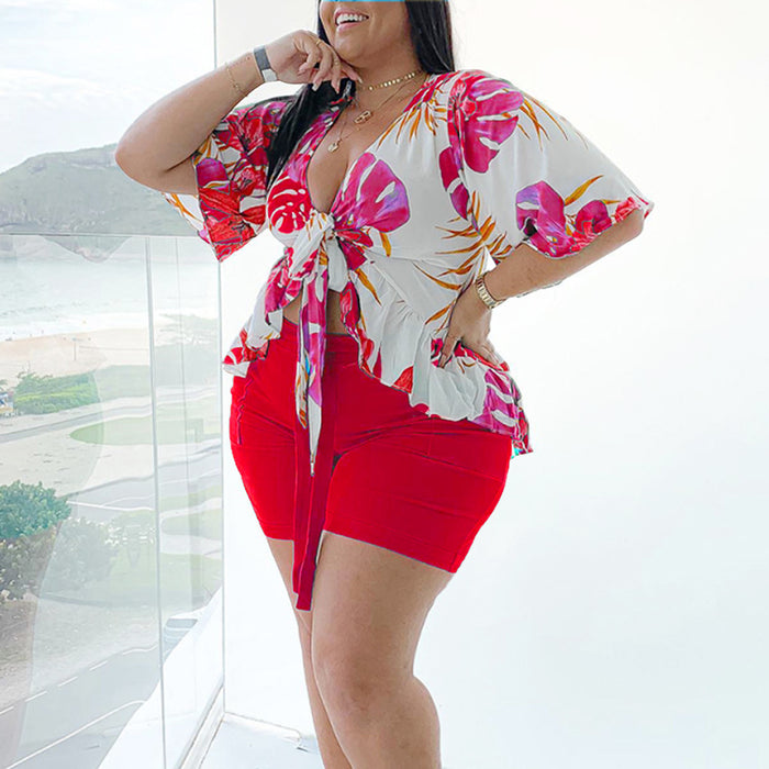 Color-Red-Plus Size Summer Casual Printing Half Sleeve Casual Two-Piece Suit Women-Fancey Boutique