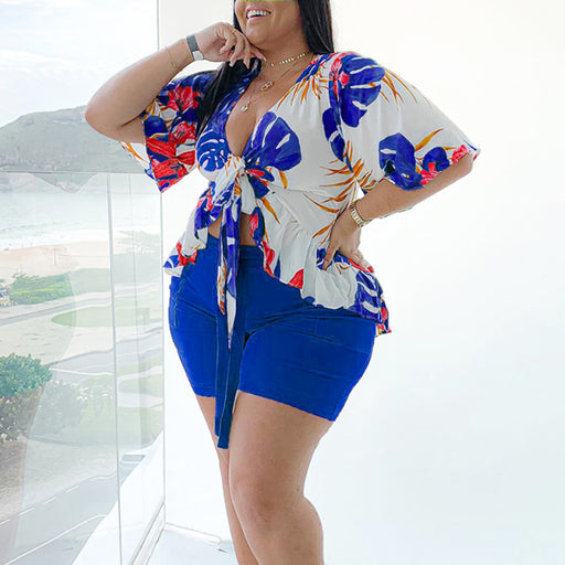 Color-Blue-Plus Size Summer Casual Printing Half Sleeve Casual Two-Piece Suit Women-Fancey Boutique