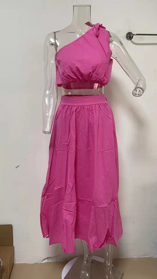 Color-Pink-Spring Summer Solid Color Office Shoulder Lace up Two Piece Dress-Fancey Boutique