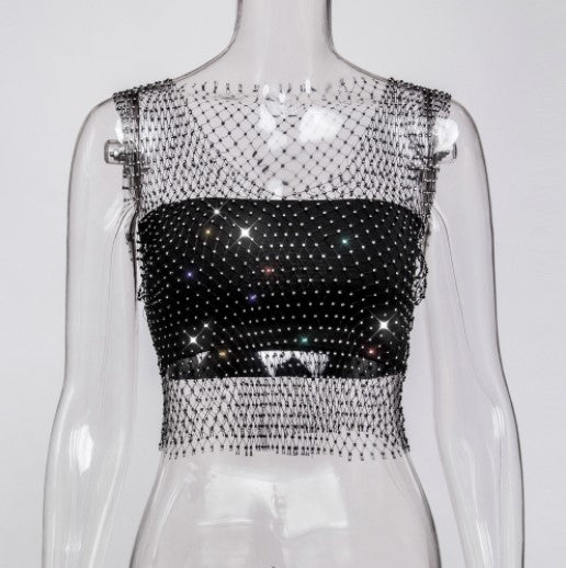 Color-V-neck Black-Mesh Diamond Vest Sexy Hollow Out Cutout Nightclub Disco Women Top-Fancey Boutique