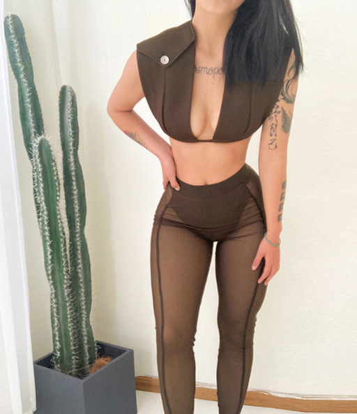 Color-Coffee-Summer New Women Sexy Low-Cut Sleeveless Loose Vest Mesh See through Trousers Two Piece Set-Fancey Boutique