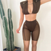 Color-brown short-Summer New Women Sexy Low-Cut Sleeveless Loose Vest Mesh See through Trousers Two Piece Set-Fancey Boutique