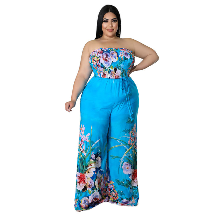 Color-Blue-Sexy Bandeau Strap Printing Wide Leg Jumpsuit Plus Size-Fancey Boutique