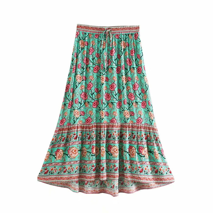 Color-Multi2-Fall Women Clothing All-Matching Slimming Rose Positioning Printing Elastic Waist Skirt Bohemian-Fancey Boutique