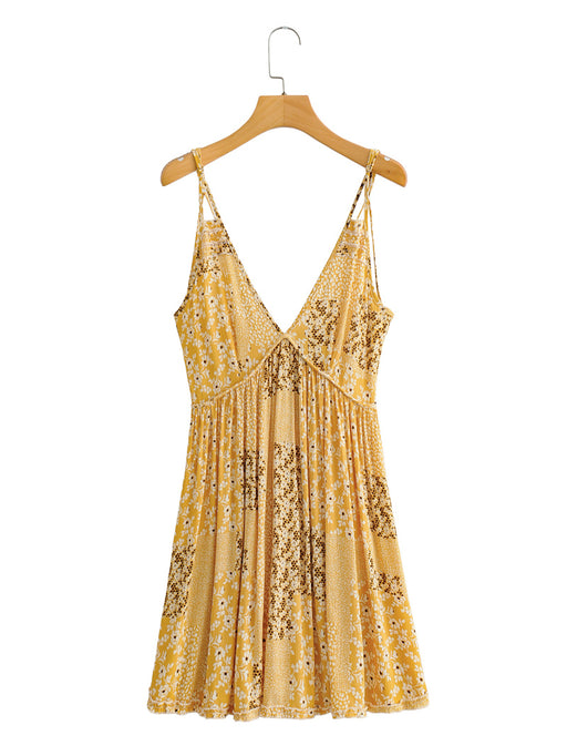 Color-Yellow-Spring Summer V-neck Brace Sleeveless Rayon Printed Dress High Waist Wooden Ear-Fancey Boutique