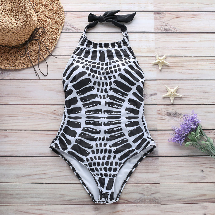 Sexy Halter Lace-up Swimsuit Totem Scale Corrugated Printed Bikini Swimsuit-Black-Fancey Boutique