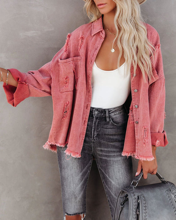 Color-watermelon red-Washed Distressed Tassel Loose Hole Jacket Denim Jacket Women Multi-Color-Fancey Boutique