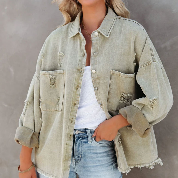 Color-Light Green-Washed Distressed Tassel Loose Hole Jacket Denim Jacket Women Multi-Color-Fancey Boutique