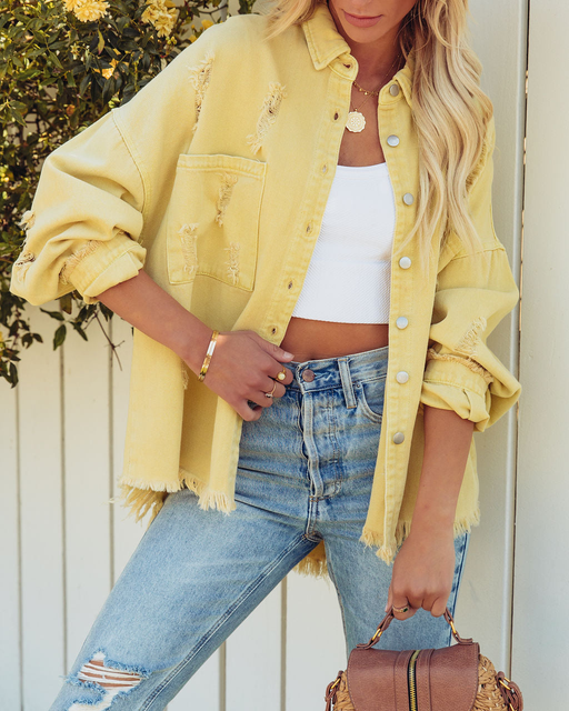 Color-Yellow-Washed Distressed Tassel Loose Hole Jacket Denim Jacket Women Multi-Color-Fancey Boutique