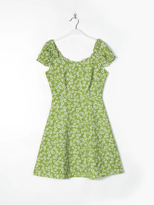Summer French Floral Slim-Fitting Dress Wooden Ear Cinched Short Dress-Green-Fancey Boutique