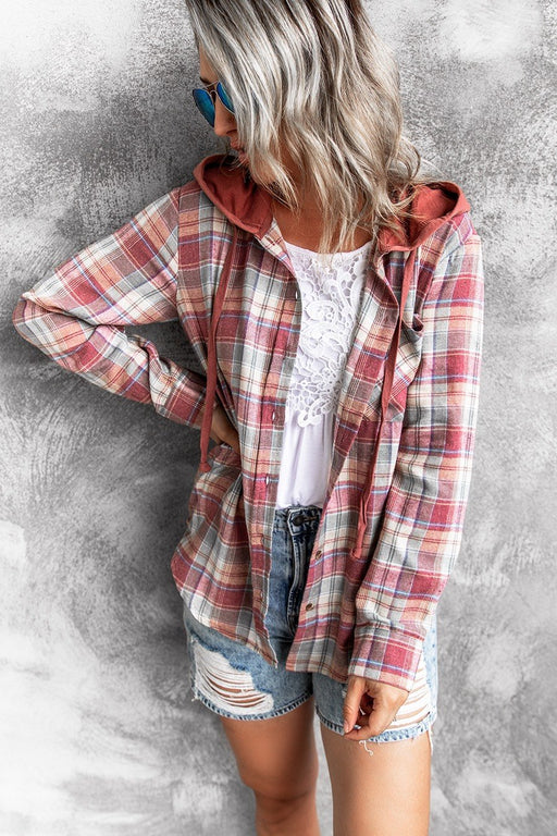 Color-Red Plaid Red Hat-Autumn Winter Women Clothing Hooded Polyester Cotton Plaid Shacket Coat-Fancey Boutique