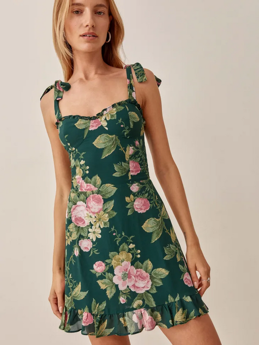 Summer Women Clothing Lace-up Floral Print Wooden Ear A line Dress Short Tie Strap-Fancey Boutique