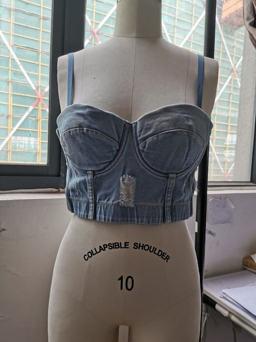 Color-Blue-Top Korean Short Frayed Retro Washed Ripped Denim Spaghetti Straps Corset Slim Fit Vest for Women Summer Boning Corset Boning Corset Corset-Fancey Boutique