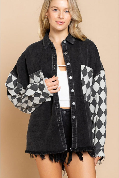 Color-Black-Autumn Winter Coat Chessboard Grid Stitching Baggy Casual Jacket Grid-Fancey Boutique