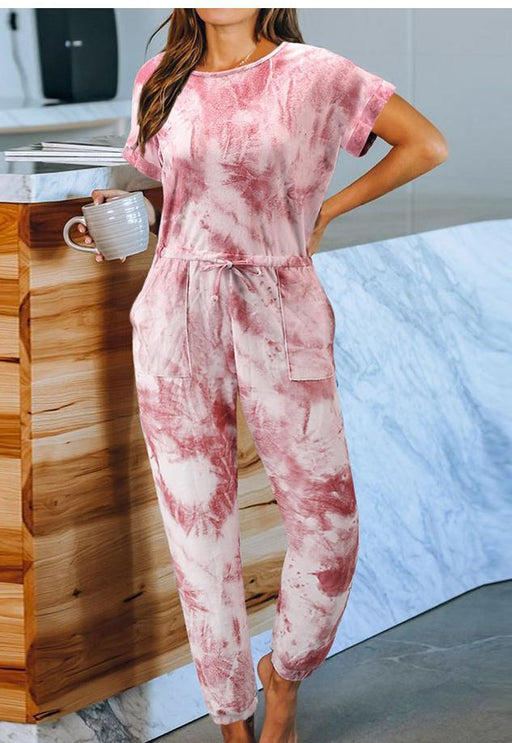 Color-Red-Tie-Dyed One-Piece Pajamas Women Summer Loose Short Sleeve round Neck Ladies Homewear-Fancey Boutique