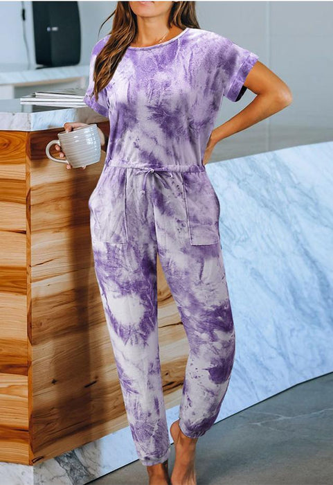 Color-Purple-Tie-Dyed One-Piece Pajamas Women Summer Loose Short Sleeve round Neck Ladies Homewear-Fancey Boutique