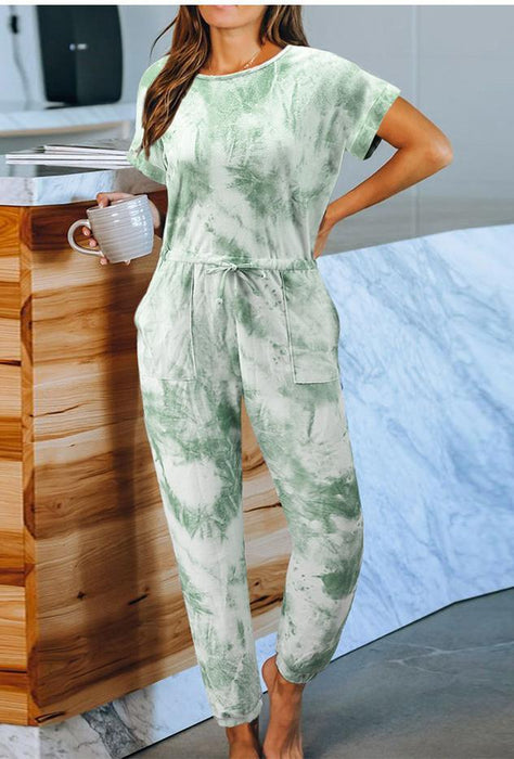 Color-Green-Tie-Dyed One-Piece Pajamas Women Summer Loose Short Sleeve round Neck Ladies Homewear-Fancey Boutique