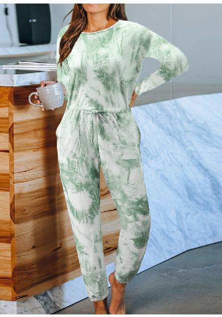 Color-Long Sleeve Green-Tie-Dyed One-Piece Pajamas Women Summer Loose Short Sleeve round Neck Ladies Homewear-Fancey Boutique