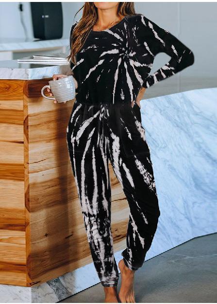 Color-Long Sleeve Black-Tie-Dyed One-Piece Pajamas Women Summer Loose Short Sleeve round Neck Ladies Homewear-Fancey Boutique