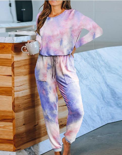 Color-Long Sleeve Tie-Dye-Tie-Dyed One-Piece Pajamas Women Summer Loose Short Sleeve round Neck Ladies Homewear-Fancey Boutique