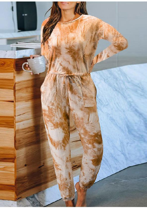 Color-Long Sleeve Orange-Tie-Dyed One-Piece Pajamas Women Summer Loose Short Sleeve round Neck Ladies Homewear-Fancey Boutique