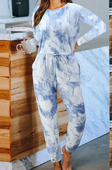 Color-Long Sleeve Lake Blue-Tie-Dyed One-Piece Pajamas Women Summer Loose Short Sleeve round Neck Ladies Homewear-Fancey Boutique