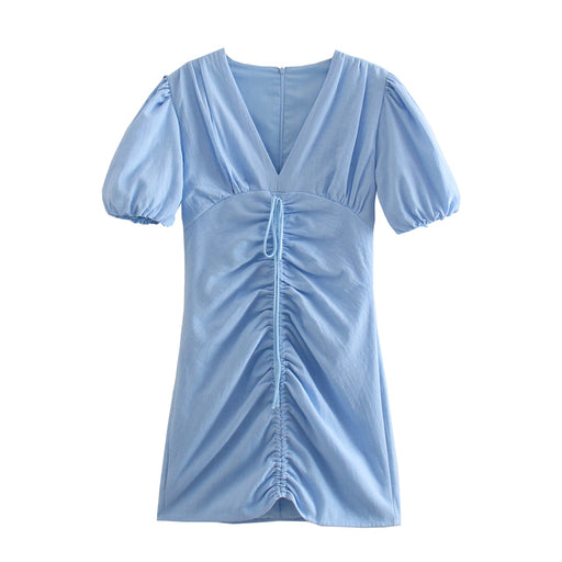 Color-Multi-Early Spring Women Clothing V-neck Short Sleeve Drawstring Design Slim Pullover Dress for Women-Fancey Boutique