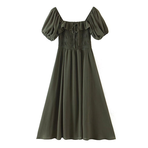 Vintage Ruffled Bow Lace-up Puff Sleeve Dress Summer High Waist Slimming A- line Large Hem Dress-blackish green-Fancey Boutique