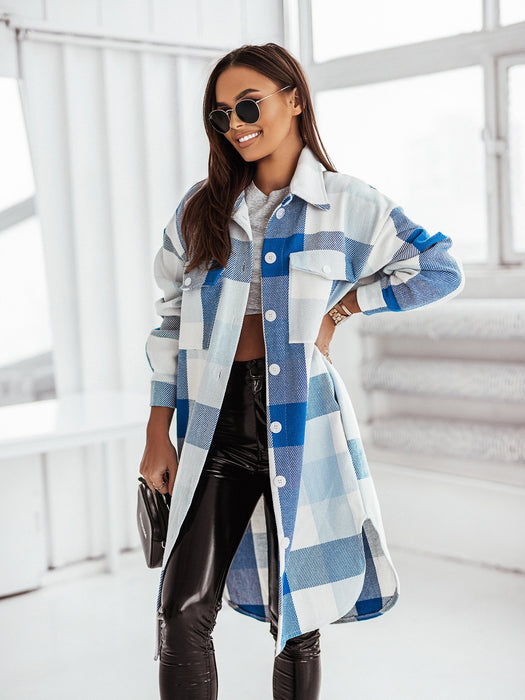 Color-royal blue-Autumn Winter Long Sleeve Color Plaid Brushed Woolen Long Coat for Women-Fancey Boutique