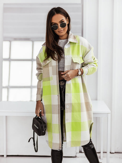 Color-Green-Autumn Winter Long Sleeve Color Plaid Brushed Woolen Long Coat for Women-Fancey Boutique