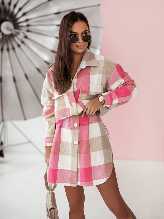 Color-Pink-Autumn Winter Long Sleeve Color Plaid Brushed Woolen Long Coat for Women-Fancey Boutique