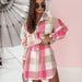 Color-Pink-Autumn Winter Long Sleeve Color Plaid Brushed Woolen Long Coat for Women-Fancey Boutique