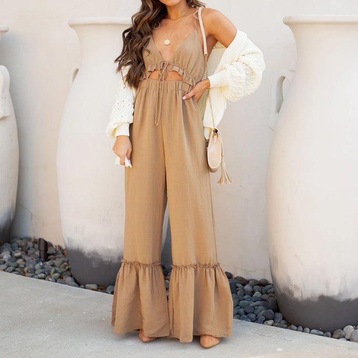 Color-Khaki-Summer Solid Color Sexy Jumpsuit Strap Horn Jumpsuit for Women-Fancey Boutique