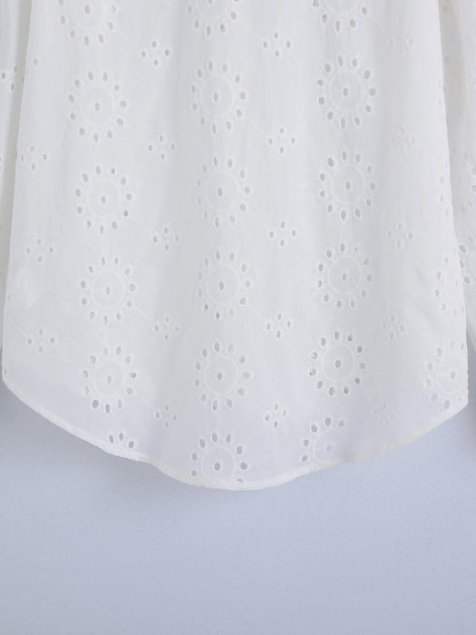 Color-Spring Women White Long Sleeve Hollow Out Cutout Eyelet Embroidered Shirt-Fancey Boutique