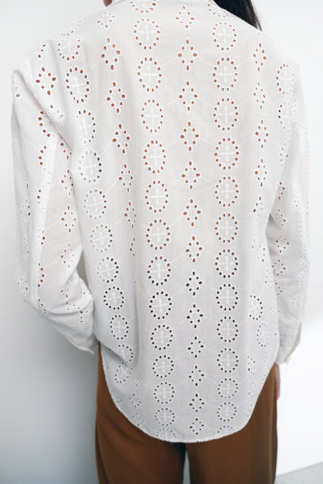 Color-Spring Women White Long Sleeve Hollow Out Cutout Eyelet Embroidered Shirt-Fancey Boutique