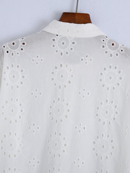 Color-Spring Women White Long Sleeve Hollow Out Cutout Eyelet Embroidered Shirt-Fancey Boutique