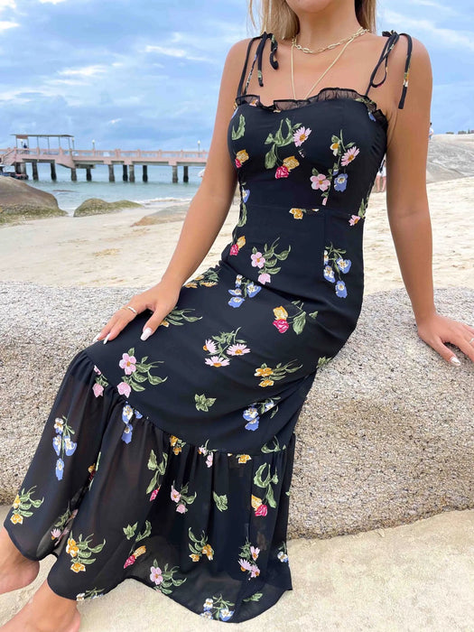 Spring Women Floral Plants Floral Print Slit Strap Dress-Fancey Boutique